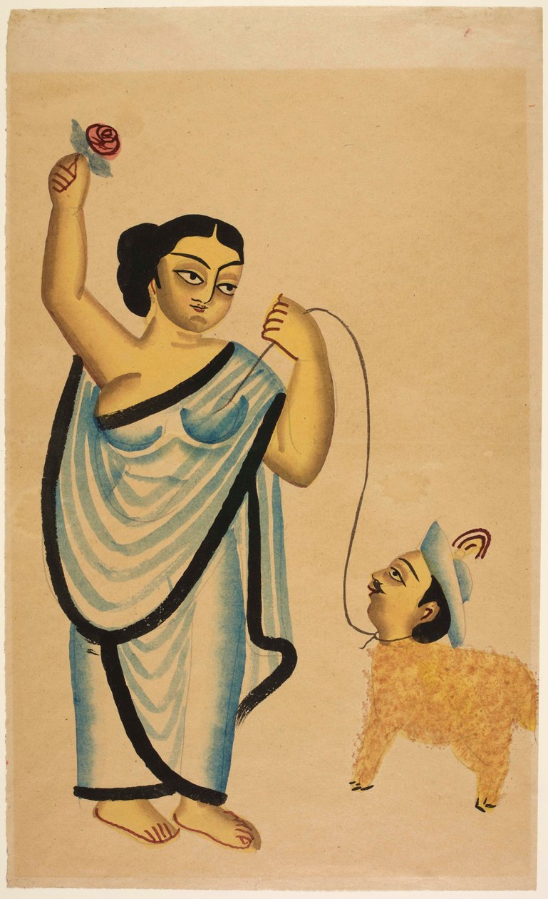 The sheep lover: a courtesan holding a rose in her right hand and leading a sheep with a human head, c.1865 by Unbekannter Künstler