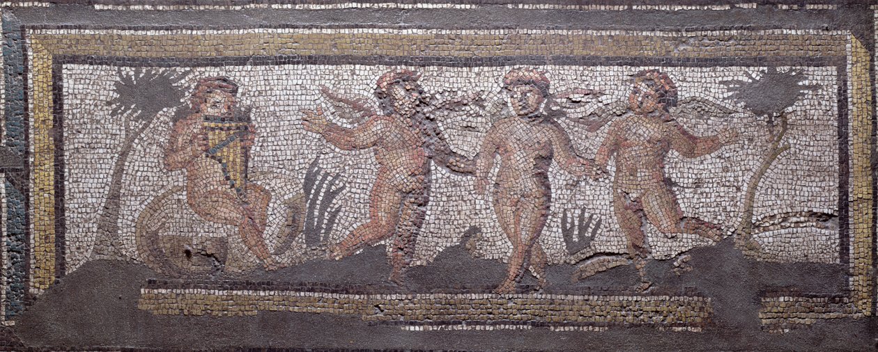 Three Dancing Putti Accompanied by One Playing the Pan Pipes, Border Detail from a Mosaic Pavement Depicting the Seasons and Hunting Scenes from the Constantinian Villa at Daphne, Roman, c.325-330 AD by Unbekannt