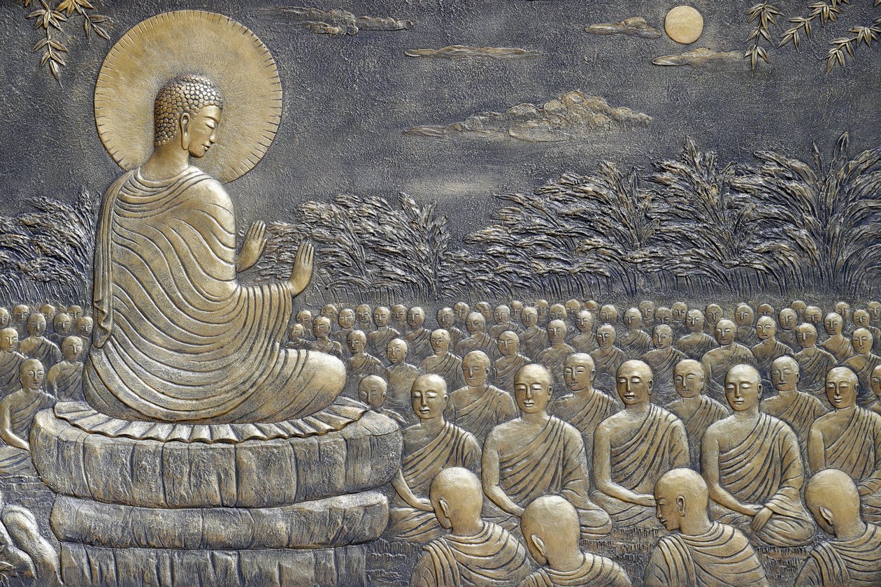 Tinh Xa Ngoc Chau Buddhist temple, The Life of the Buddha, Siddhartha Gautama, Buddha with disciples, teaching, The Buddha exhorted His first sixty Arahant disciples to go forth in different directions to preach the Doctrine, Chau Doc, Vietnam, 2018 by Unbekannt