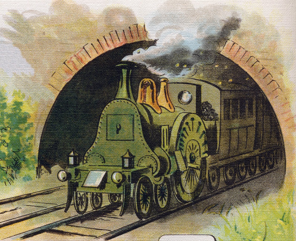 Train leaving a tunnel. Engraving in "ABC L
