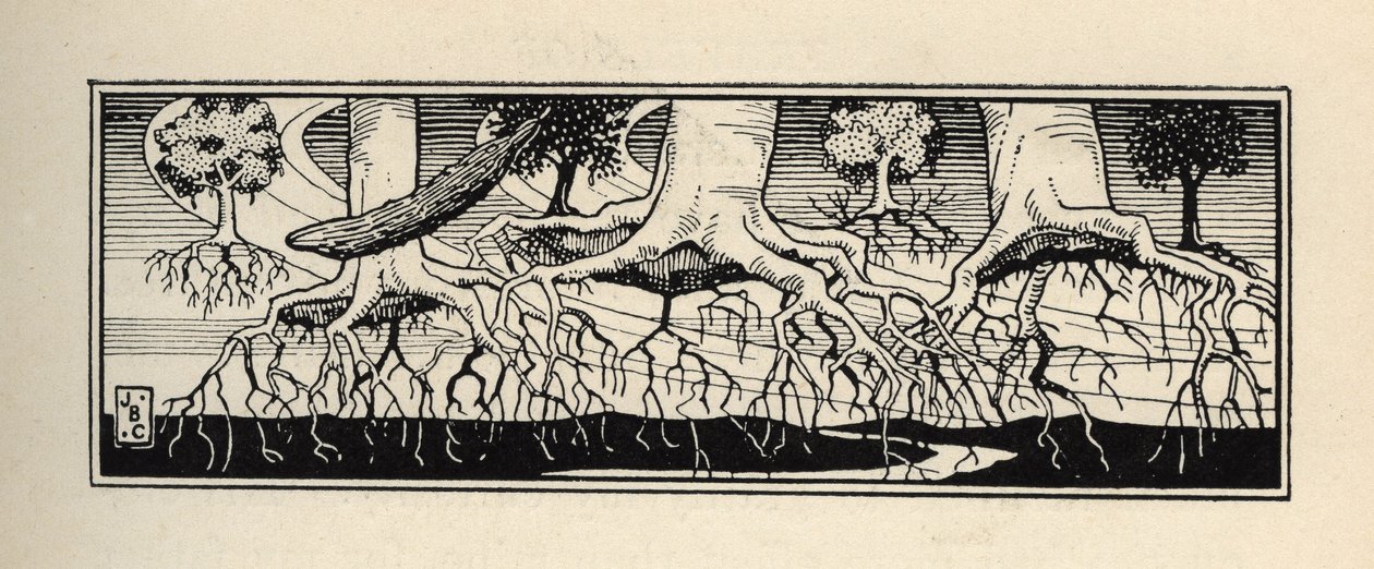 Trees uprooted by a storm replant their roots to the exact location where they were. Illustration by William Strang and JB Clark from 