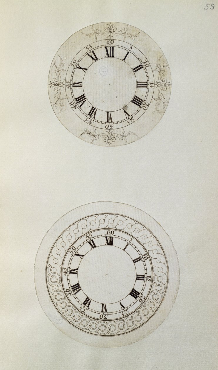 Two designs for large enamel watch dials, from mechanical notes and drawings compiled by John Harrison (1693-1776) and his son William (c.1726-72) by Unbekannt