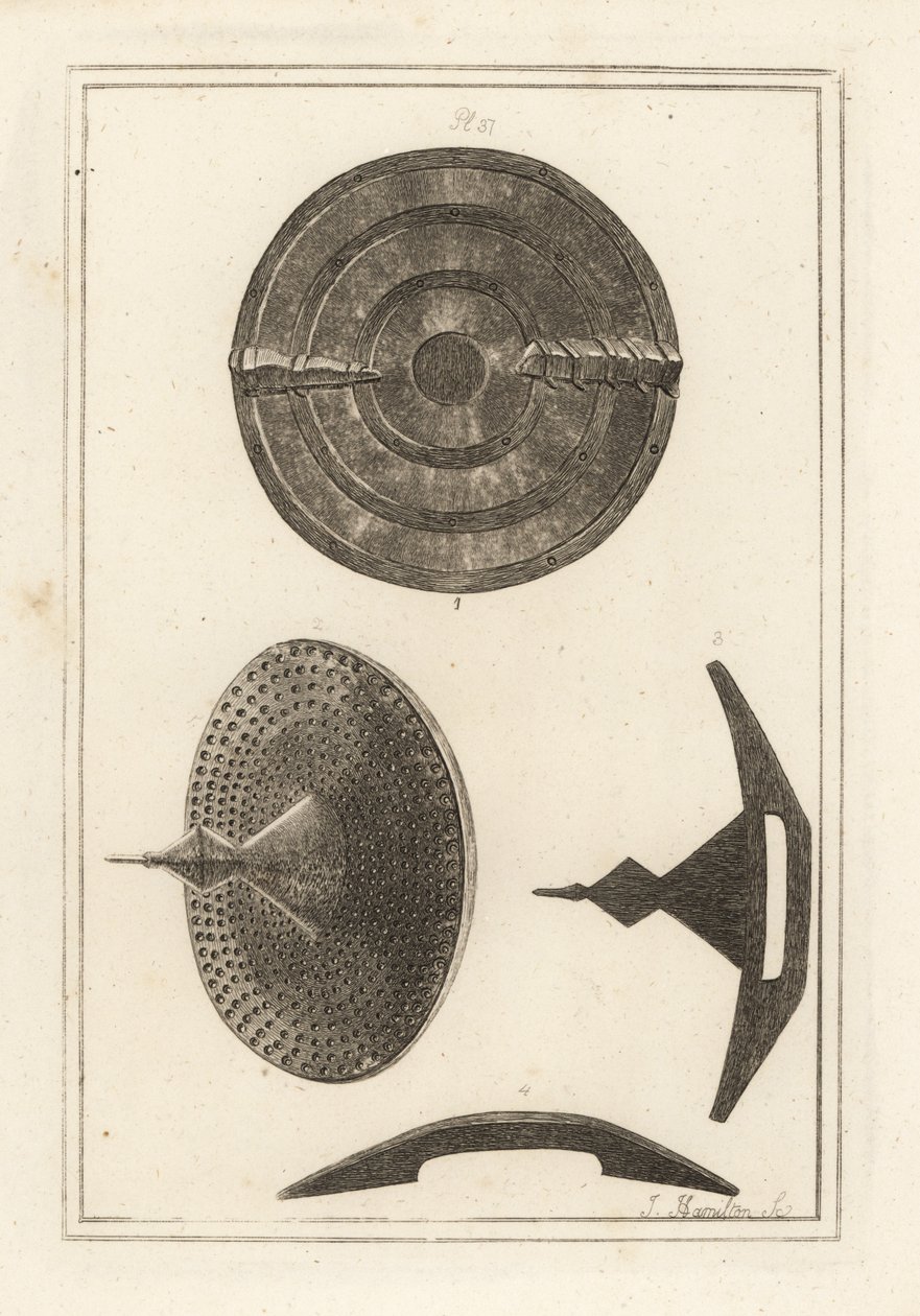 Views of an ancient concave roundel with umbo or spike made of leather skins, iron plate and brass nails by Unbekannt