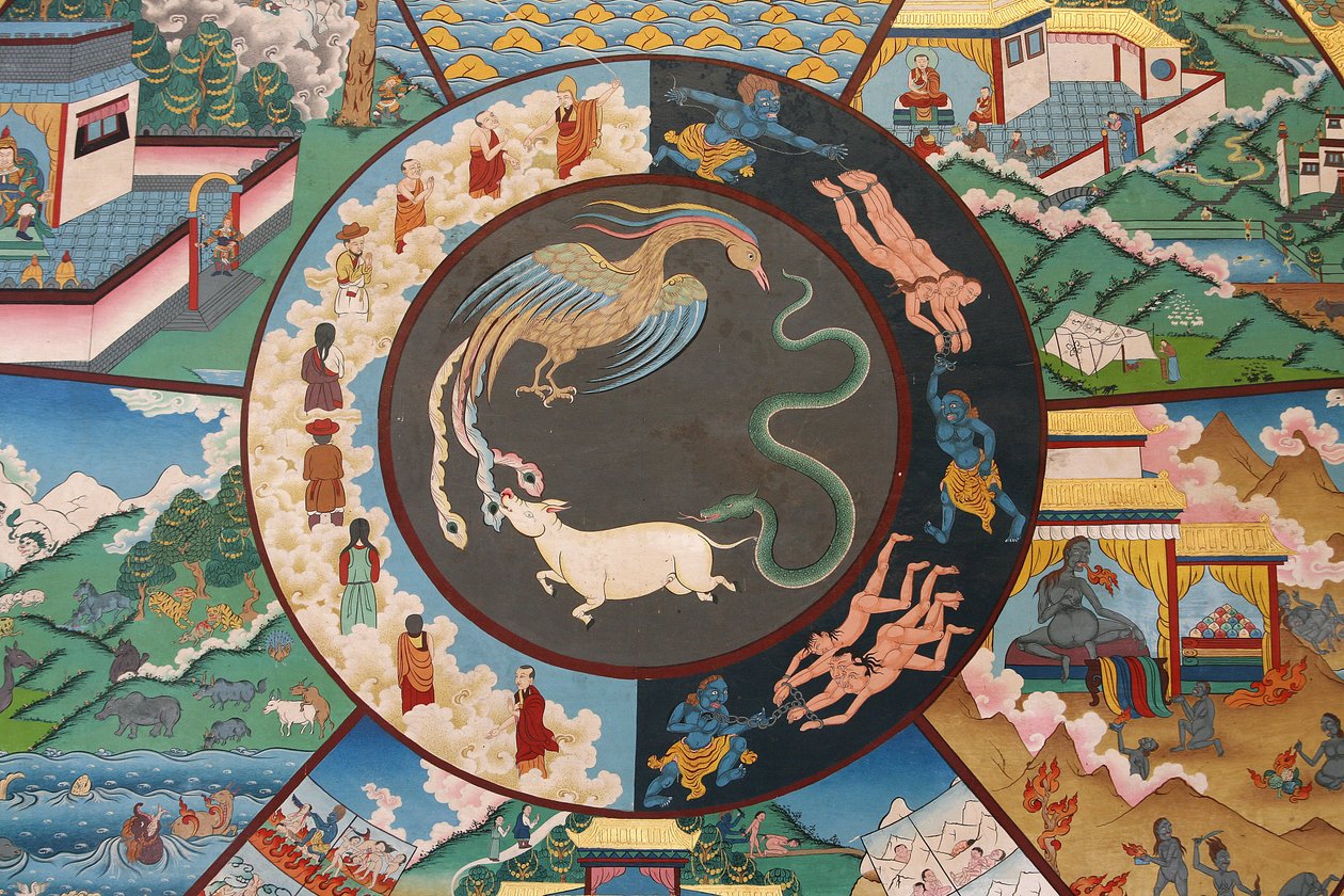 Wheel of Life or Wheel of Samsara (Mandala): Rooster, Snake, and Pig, Kopan Monastery, Kathmandu, Nepal by Unbekannt