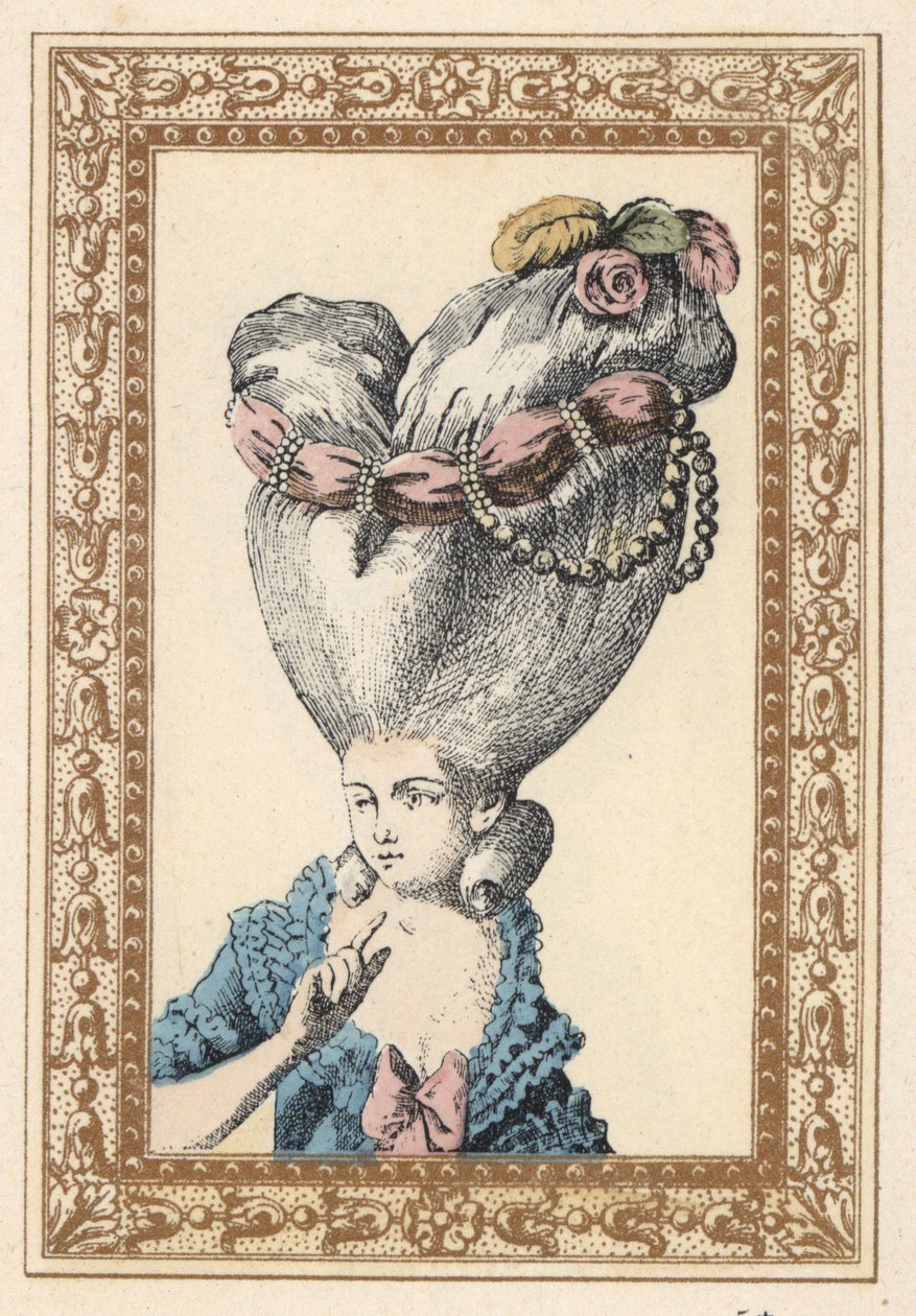 Woman with her hair combed up over a pouf (support) and decorated with flowers, pearls and a sash, called the Flea by Unbekannter Künstler