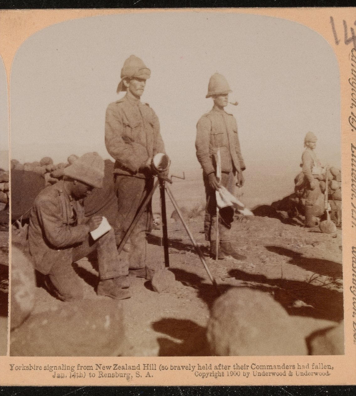 Yorkshire Regiment Heliograph Team Signalling from New Zealand Hill, Boer War by Underwood and Underwood