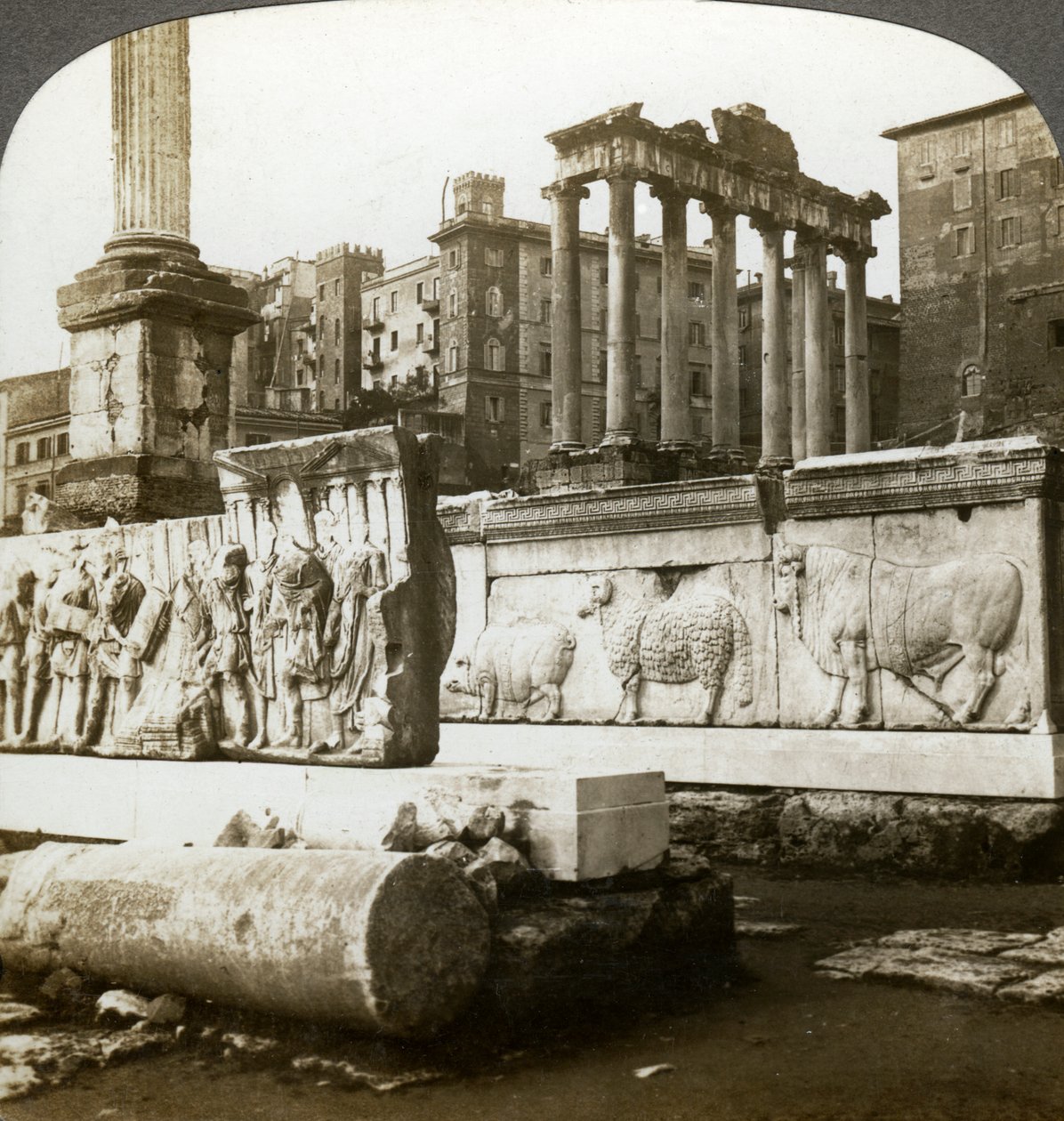 Bas Reliefs of Trajan and Column of Phocas in the Forum, Rome, Italy by Underwood and Underwood