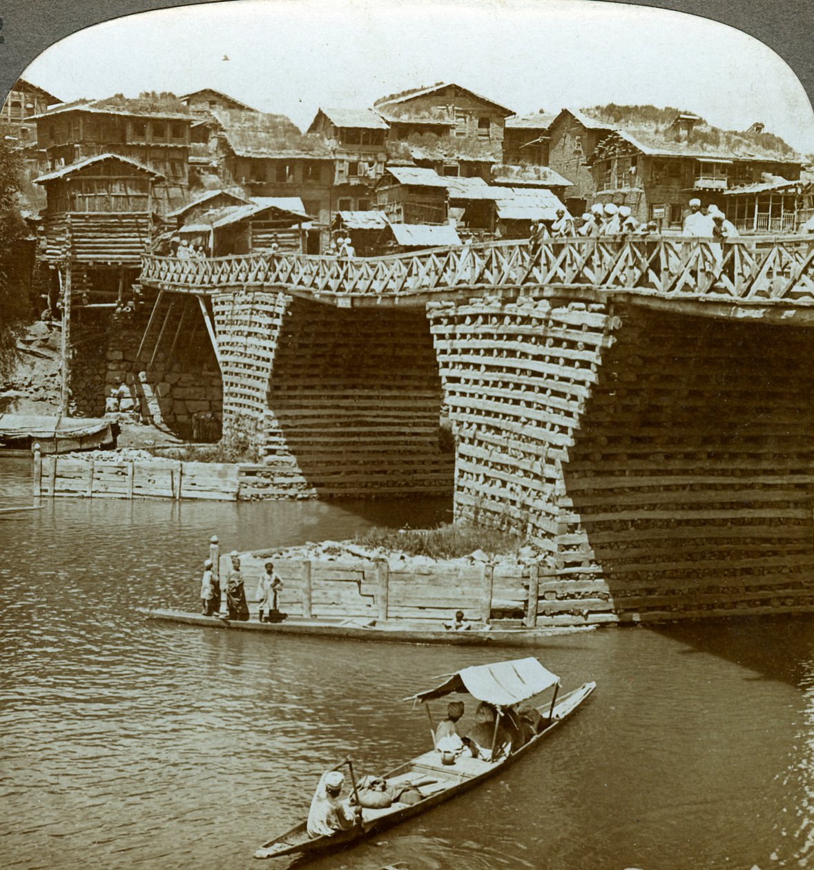 Quaint Bridge and Houses, City of Sun, Kashmir, India by Underwood and Underwood