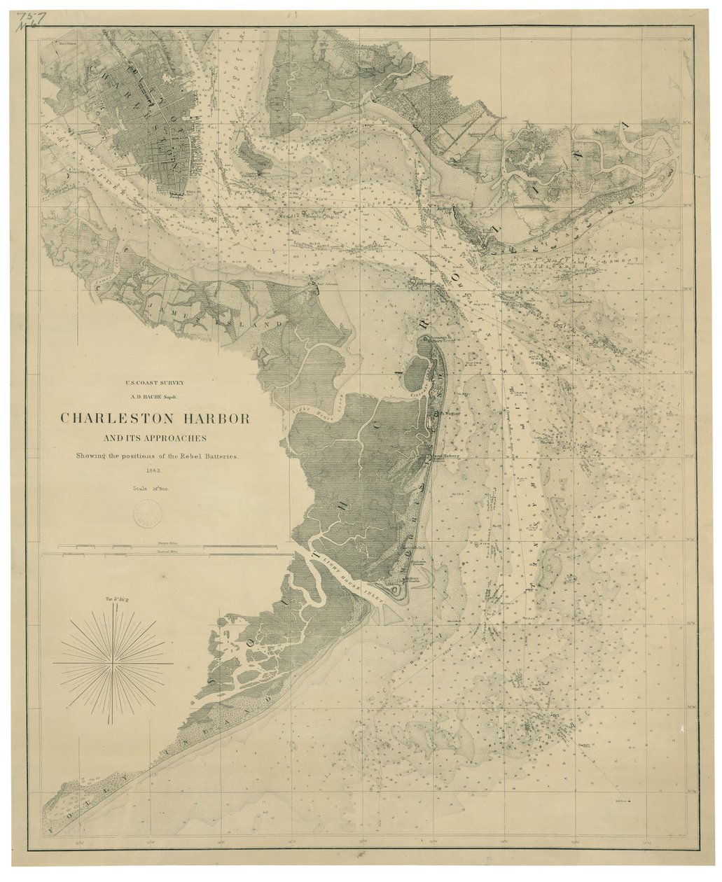 Charleston Harbor and its Approaches Showing the Positions of the Rebel Batteries by United States Coast Survey