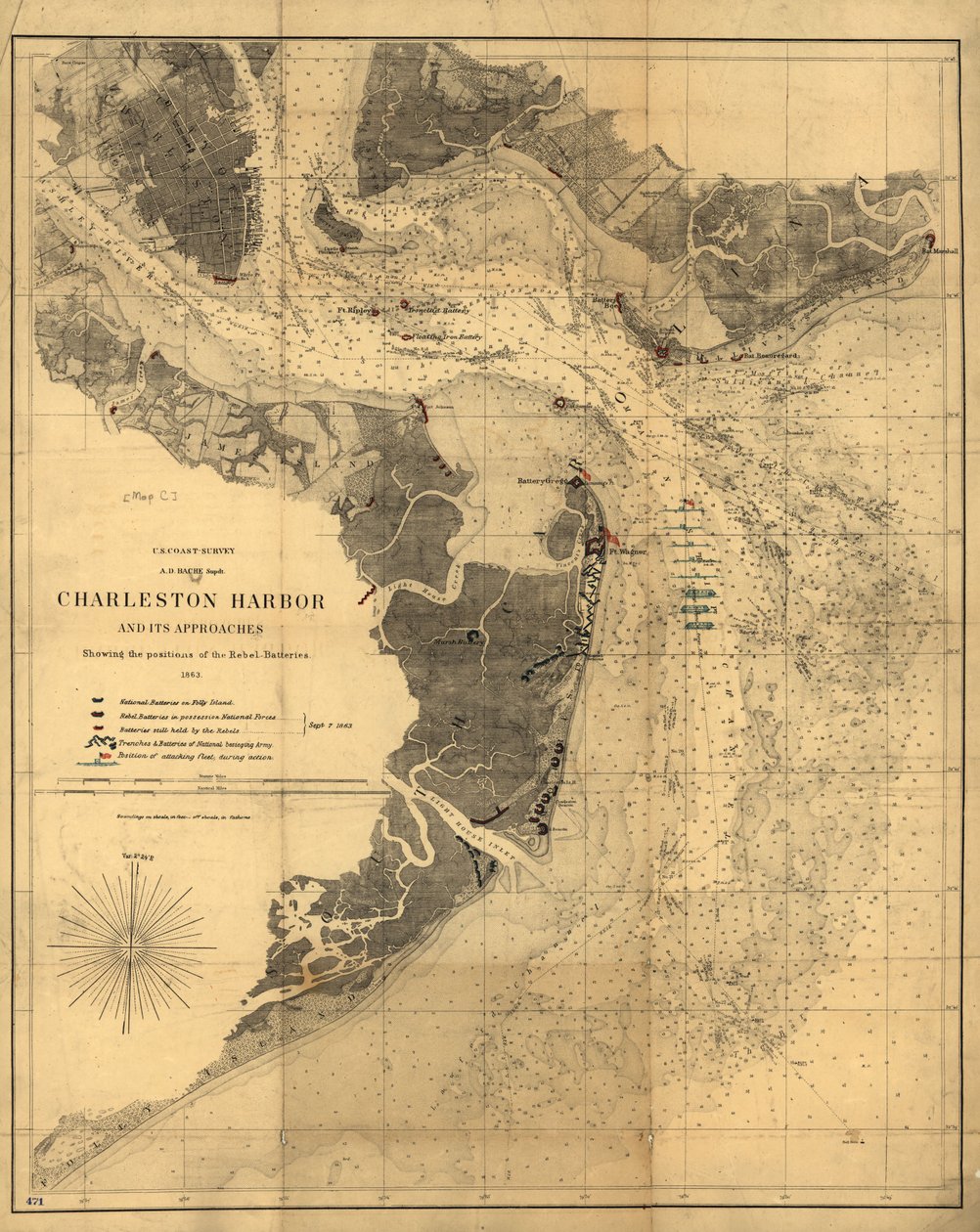 Charleston Harbor and its Approaches Showing the Positions of the Rebel Batteries by United States Coast Survey