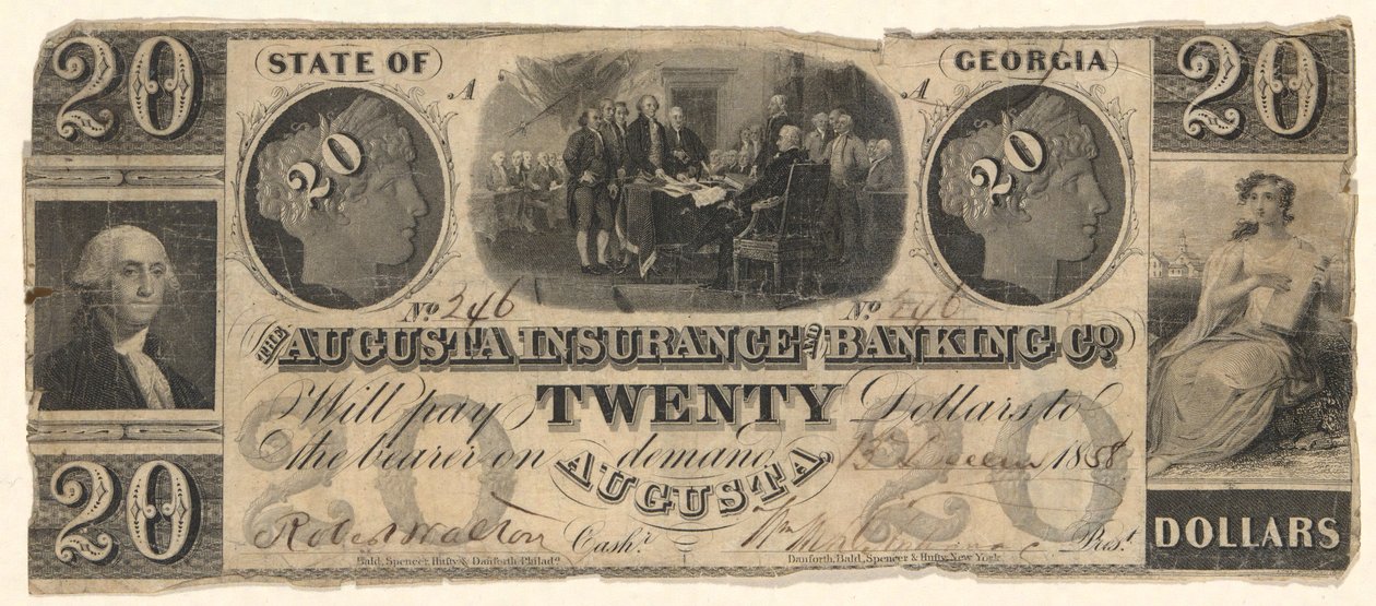 20 Dollar Bill Issued by the Augusta Insurance & Banking Co., Augusta, Georgia in 1858 with Engravings of Declaration of Independence after Trumbull, Washington after Stuart (?) by Unknown