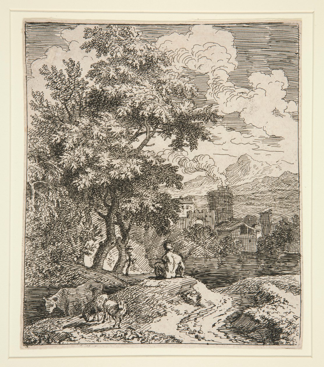 A Shepherd, Two Sheep, and a Cow in a Landscape by Unknown
