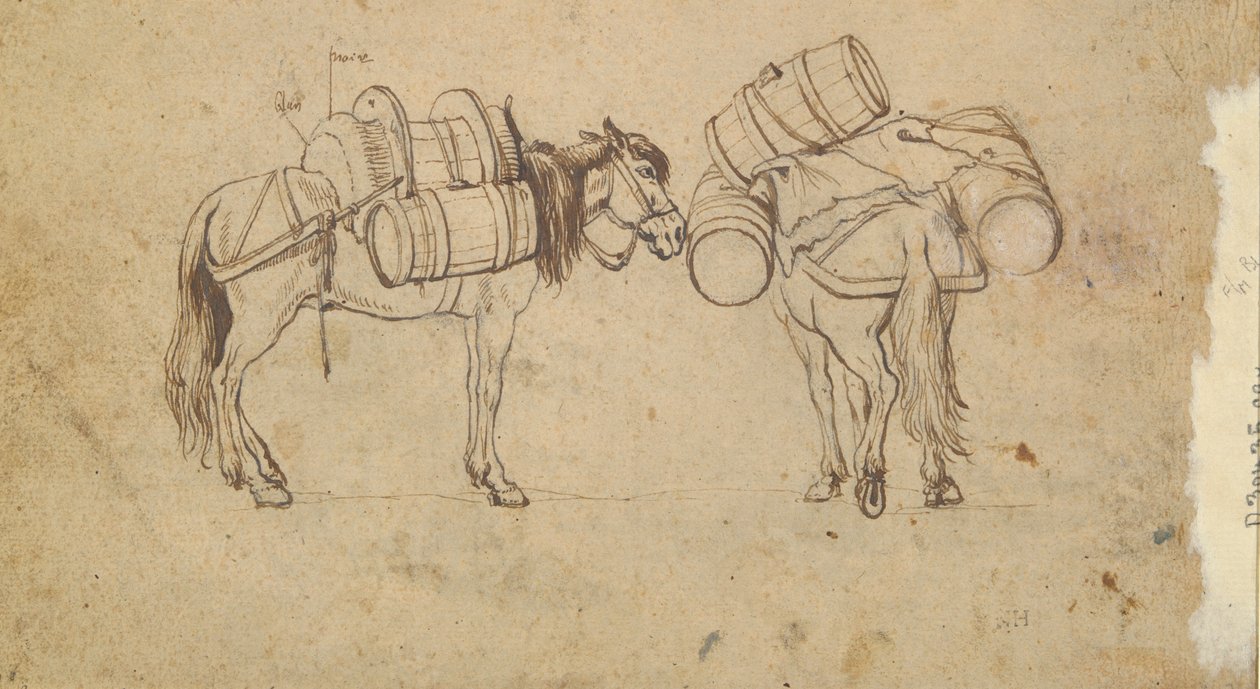 A View on the Tiber Near the Ripa Grande, Rome (Recto); Study for Two Horses Carrying Barrels (Verso) by Unknown