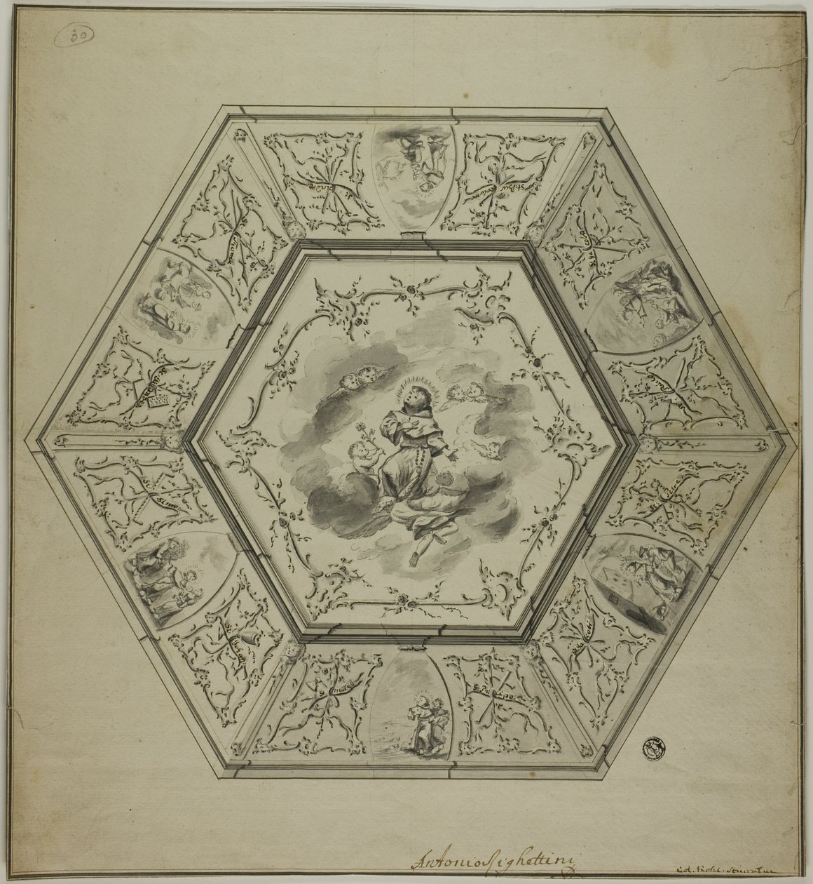 Ceiling Design with Saint Anthony of Padua Surrounded by Episodes from his Life and Symbols of Martyrdom of the Apostles by Unknown