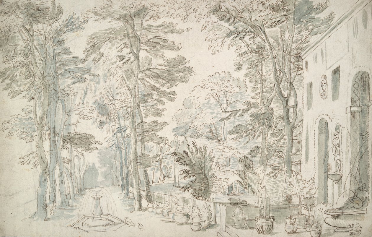 Garden with Fountains and Potted Shrubs by Unknown
