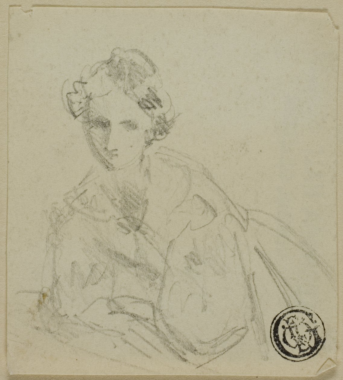 Half-Length Sketch of Woman in Evening Dress Leaning on Balustrade by Unknown