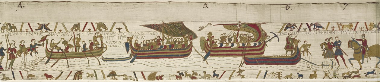 Harold crosses the Channel into the territory of Guy, Count of Ponthieu, where he is captured, Bayeux Tapestry by Unknown