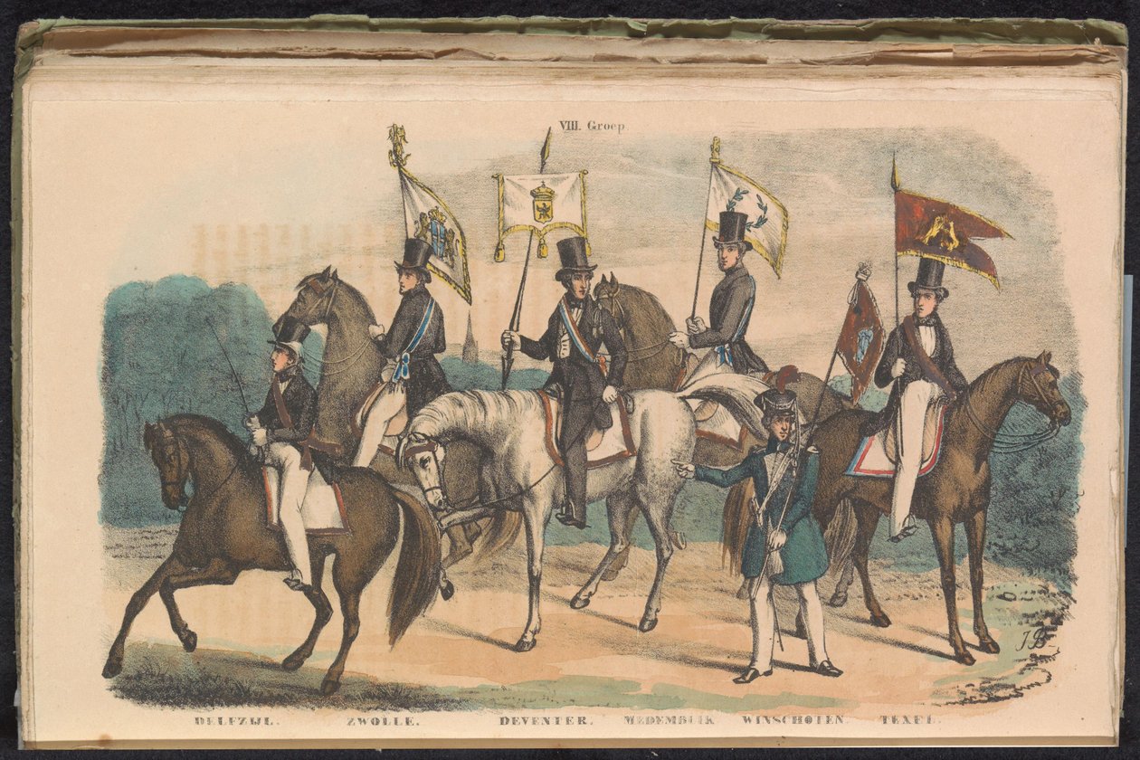Costumes and Banners of the Honor Guards of Delfzijl, Zwolle, Deventer, Medemblik, Winschoten, and Texel, 1840-1842 (title on object: VIII. Group) by Unknown