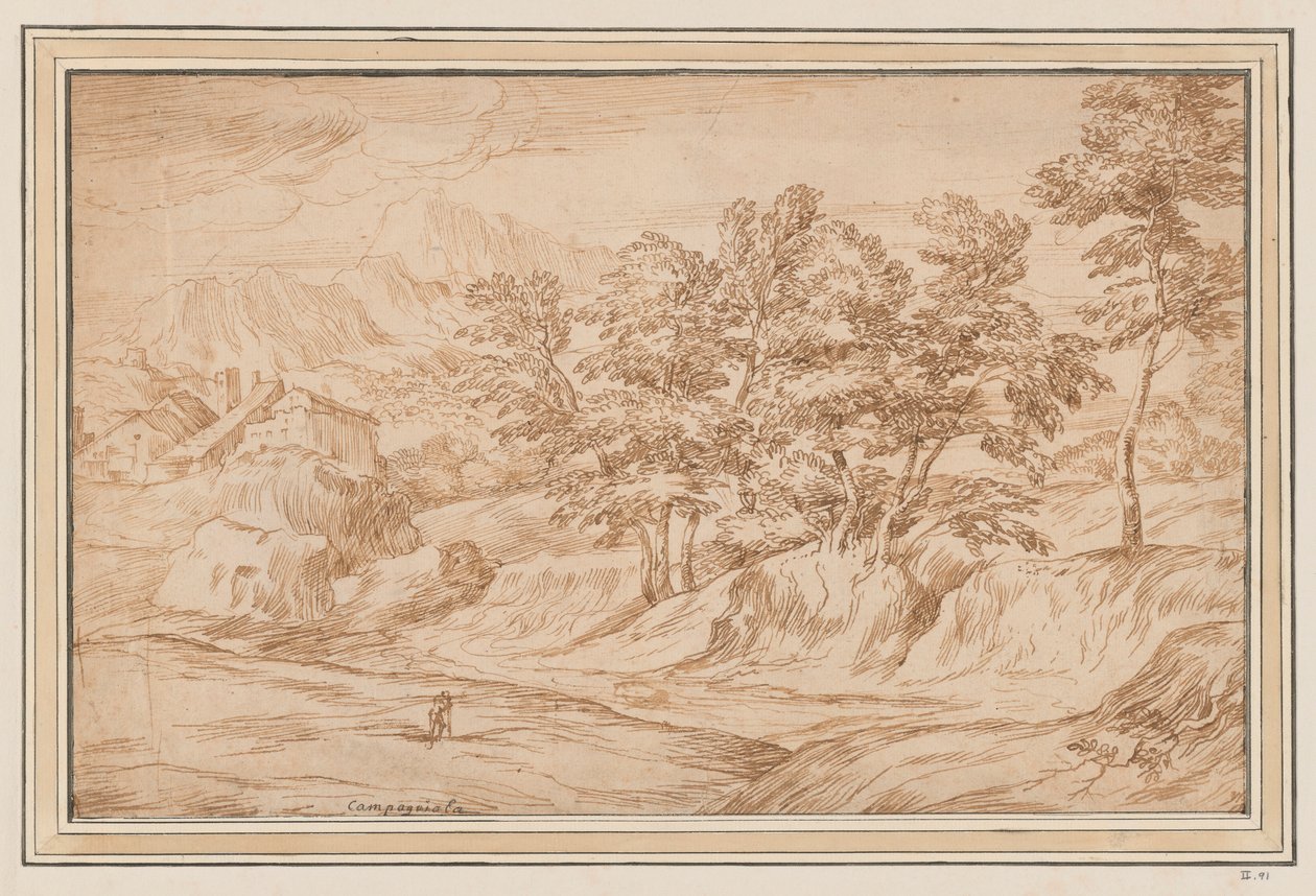 Mountainous Landscape with Houses at Left and Trees at Right by Unknown
