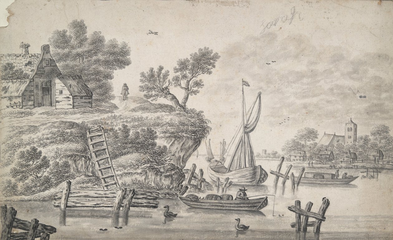 River Landscape with High Embankment to the left by Unknown