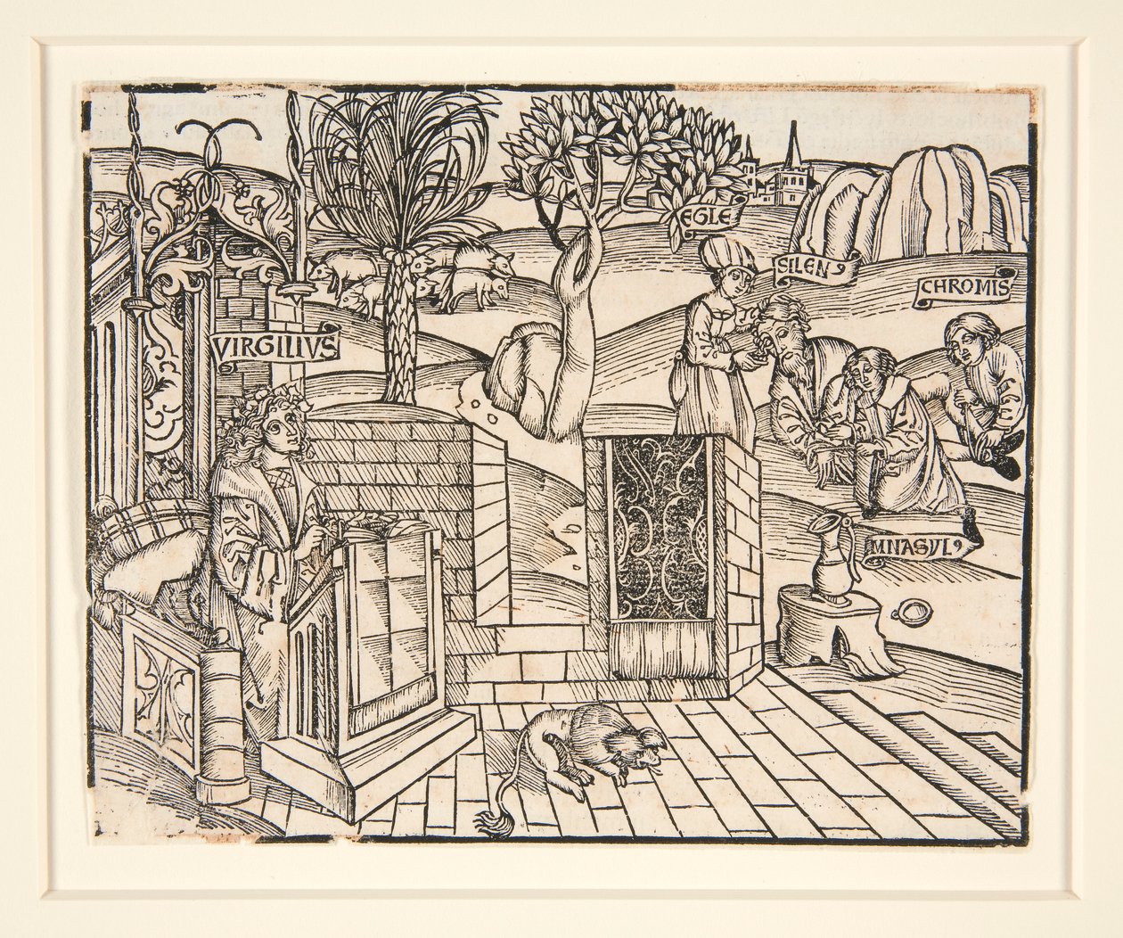 The Shepherds Chromis and Mnasyle Tying Up the Sleeping Silenus. 1502. From an Illustrated Publication of Virgil by Unknown