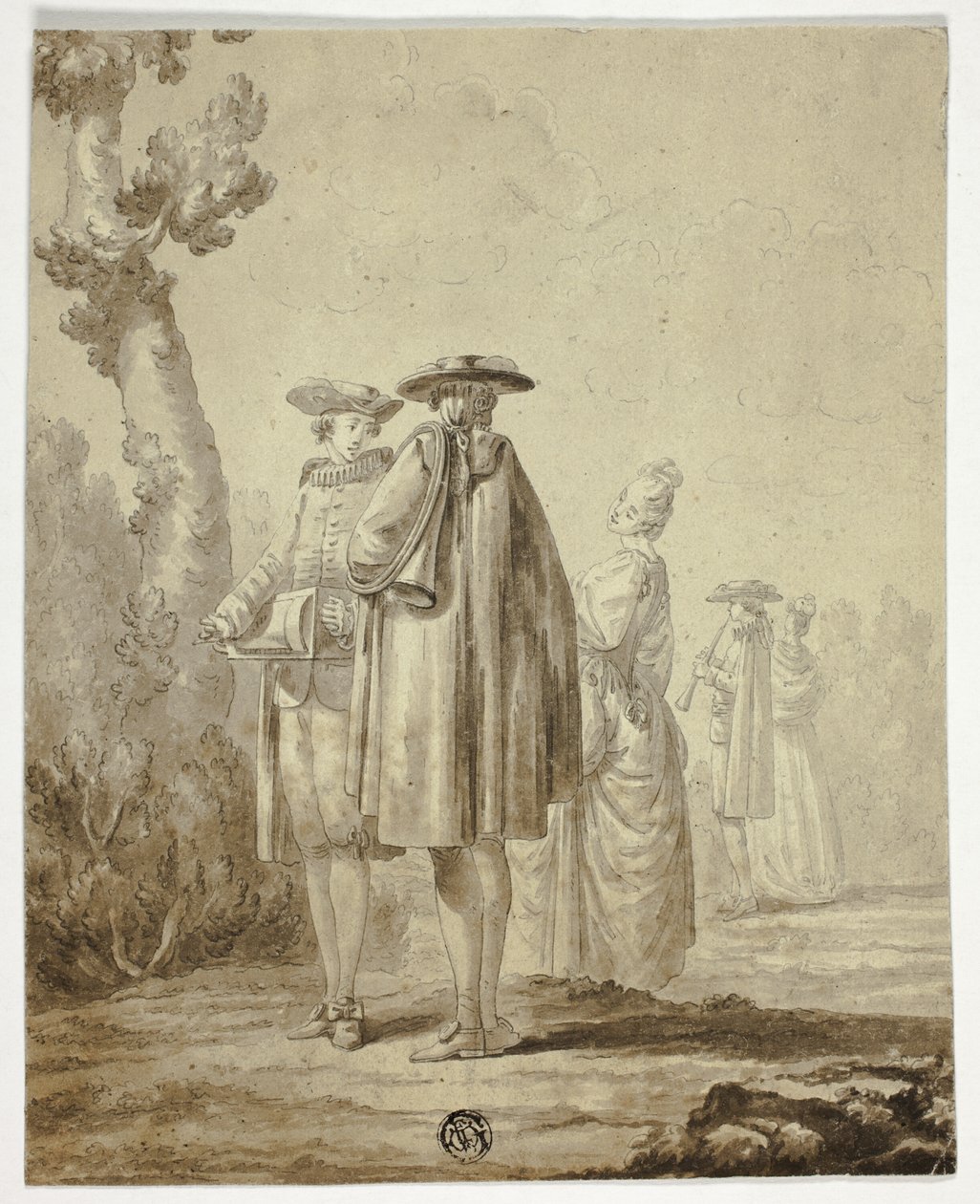Three Musicians and Two Ladies in Outdoor Setting by Unknown