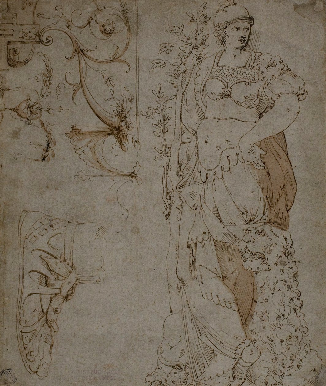 Three Sketches: Fortitude, a Sandal, and Grotesques (recto); Sketches of Grotesques, and Roman Cuirass (verso) by Unknown