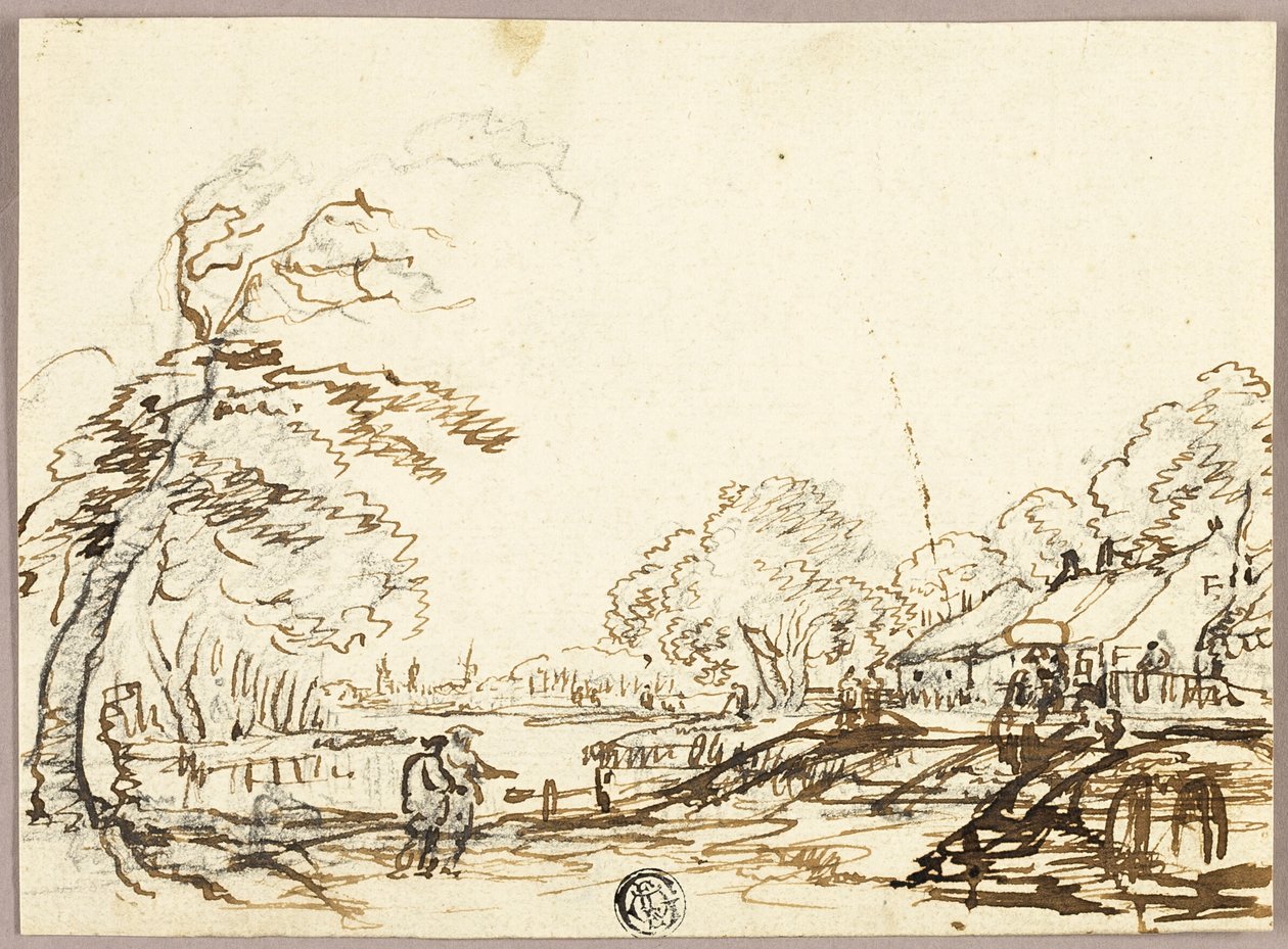 Two Figures along River near Bridges and Houses; Two Figures on Bridge Looking at Man in Punt by Unknown