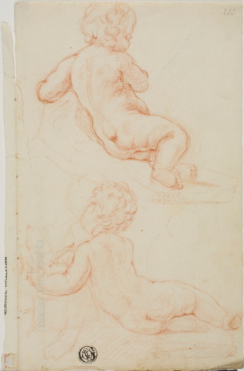 Two Putti Seen from the Back, One Writing by Unknown