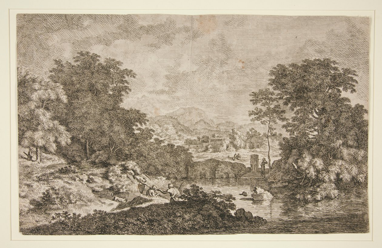 Untitled [Pastoral scene - mountainous landscape near body of water and five figures] by Unknown