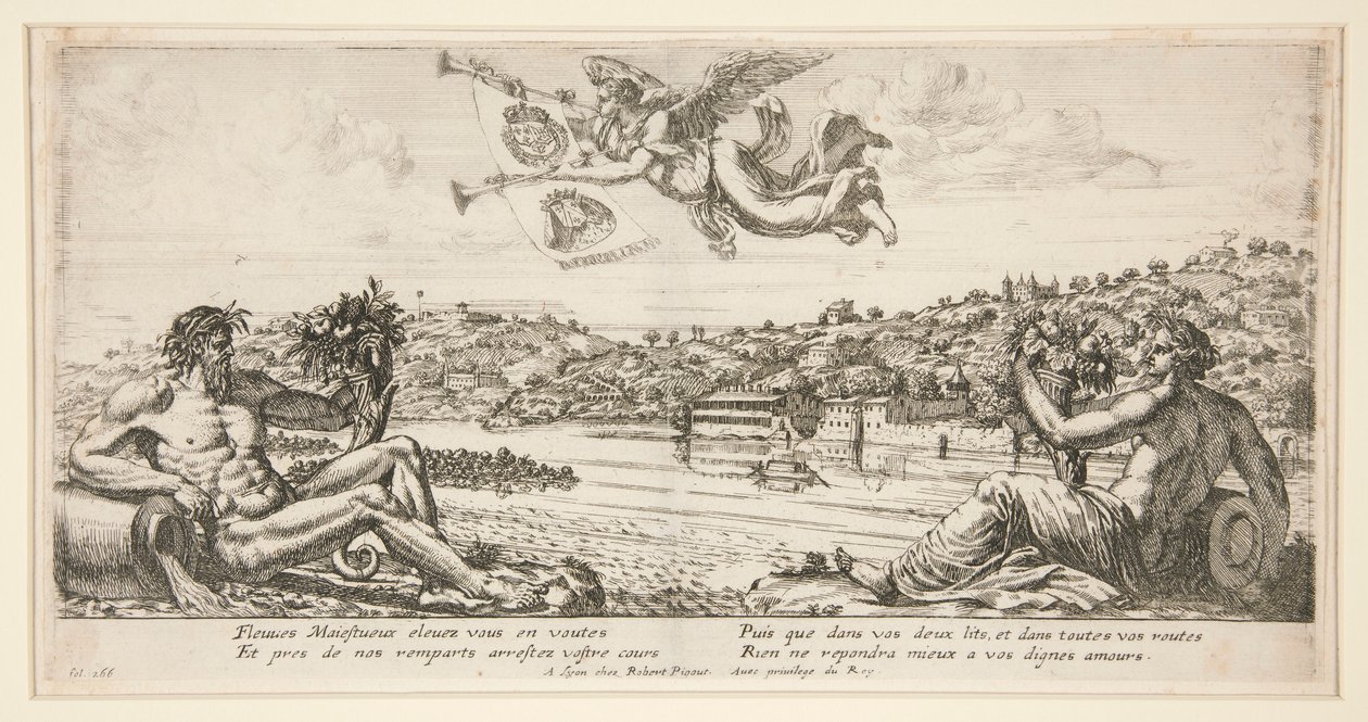 View of a City with Two Reclining River Gods and Fame Trumpeting Above with Two Coats of Arms by Unknown