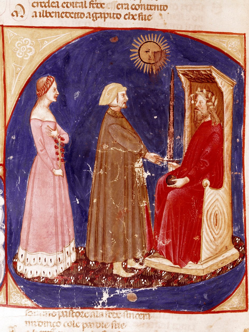 Second heaven: Dante and Beatrice face the Roman Emperor Justinian in the first heaven of Paradise. Illuminated page illustrating a song of Paradise from the 