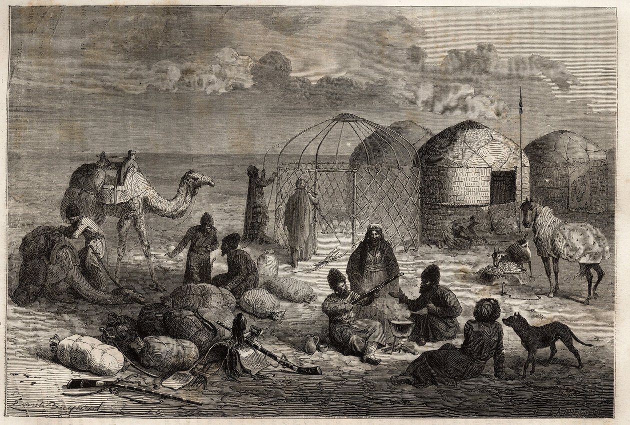 A Turcoman camp in the border area of Turkestan and Persia, each tent, made up of wooden trellis and covered with felt, houses a family. Engraving to illustrate the story of Henri de Blocqueville 
