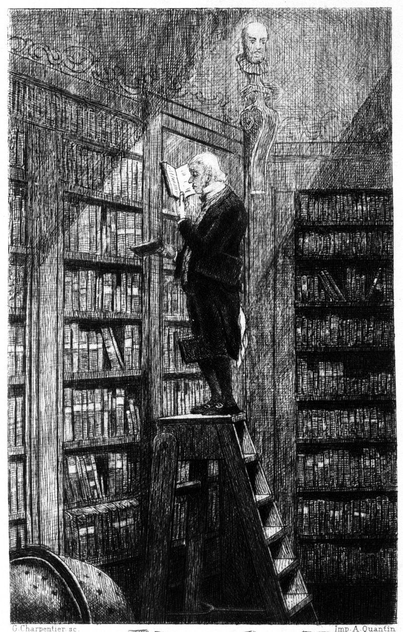 A librarian on his ladder examining books on shelving. Engraving of the 19th century by Unknown artist