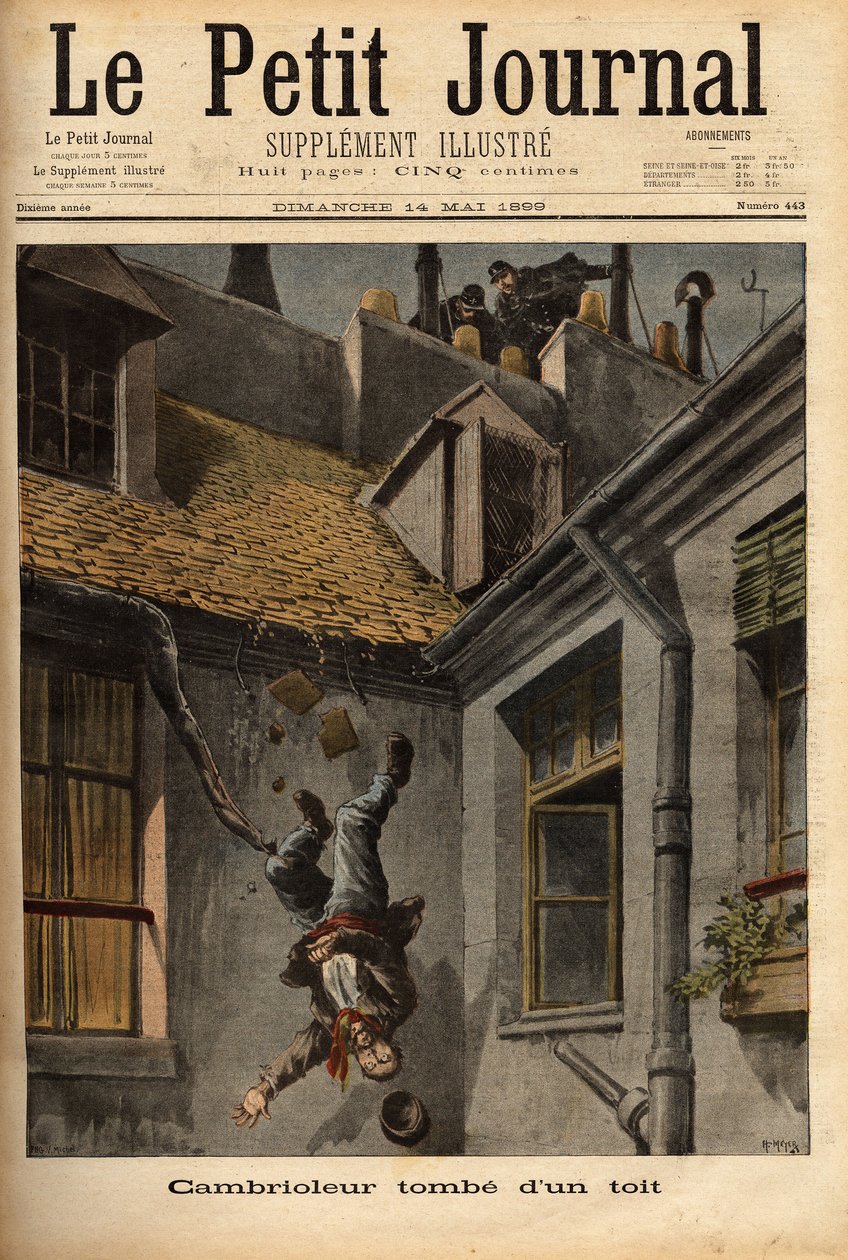 A Burglar Falls from the Roofs of Notre Dame Street in Nazareth, in His Precipitation to Flee in Front of the Police Officers. Engraving in Le petit journal 14/5/1899. Selva Collection. by Unknown artist