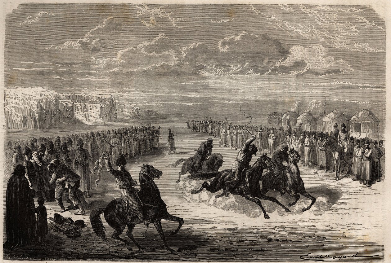 A contest of wrestling with bare hands and a horse race among the Turcomans, organized during the big public celebrations, the distance of the race is one kilometer, between three or four competitors, the winner receives a piece of cotton cloth by Unknown artist