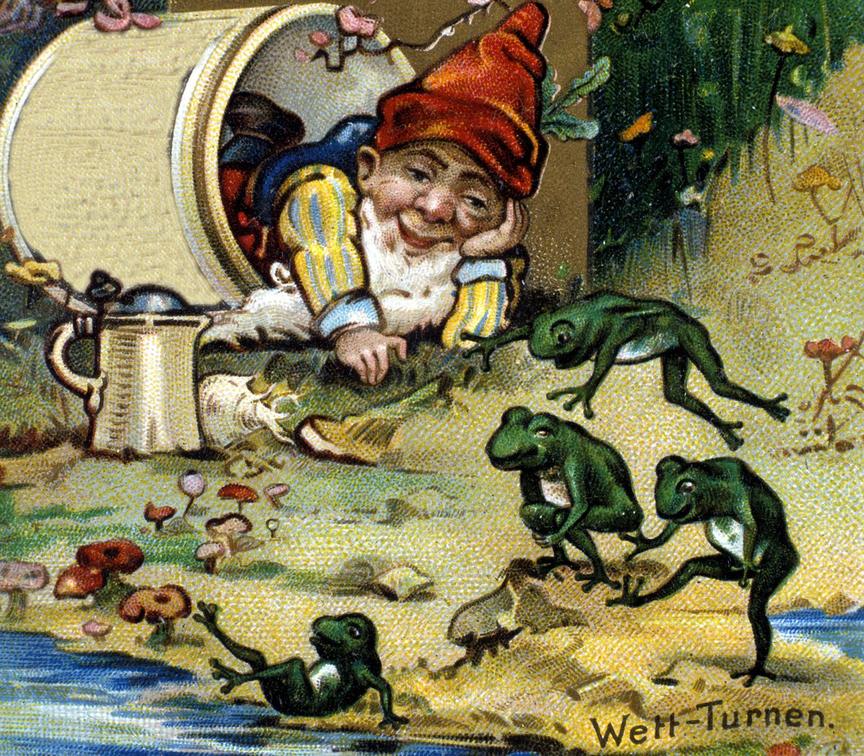 A dwarf or farfadet playing with frogs by Unknown artist