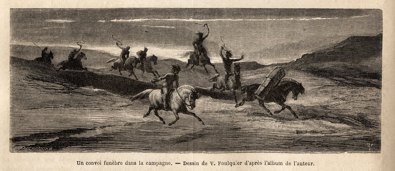 A funeral convoy in the Icelandic countryside, headed by a horse carrying the coffin, followed by about thirty people and a herd of dogs, shouting and barking throughout the day, stopping at each house to drink a glass of alcohol, so that the funeral proc by Unknown artist