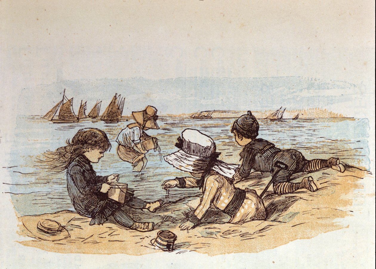 A group of children playing by the water on the sand. 1881 by Unknown artist