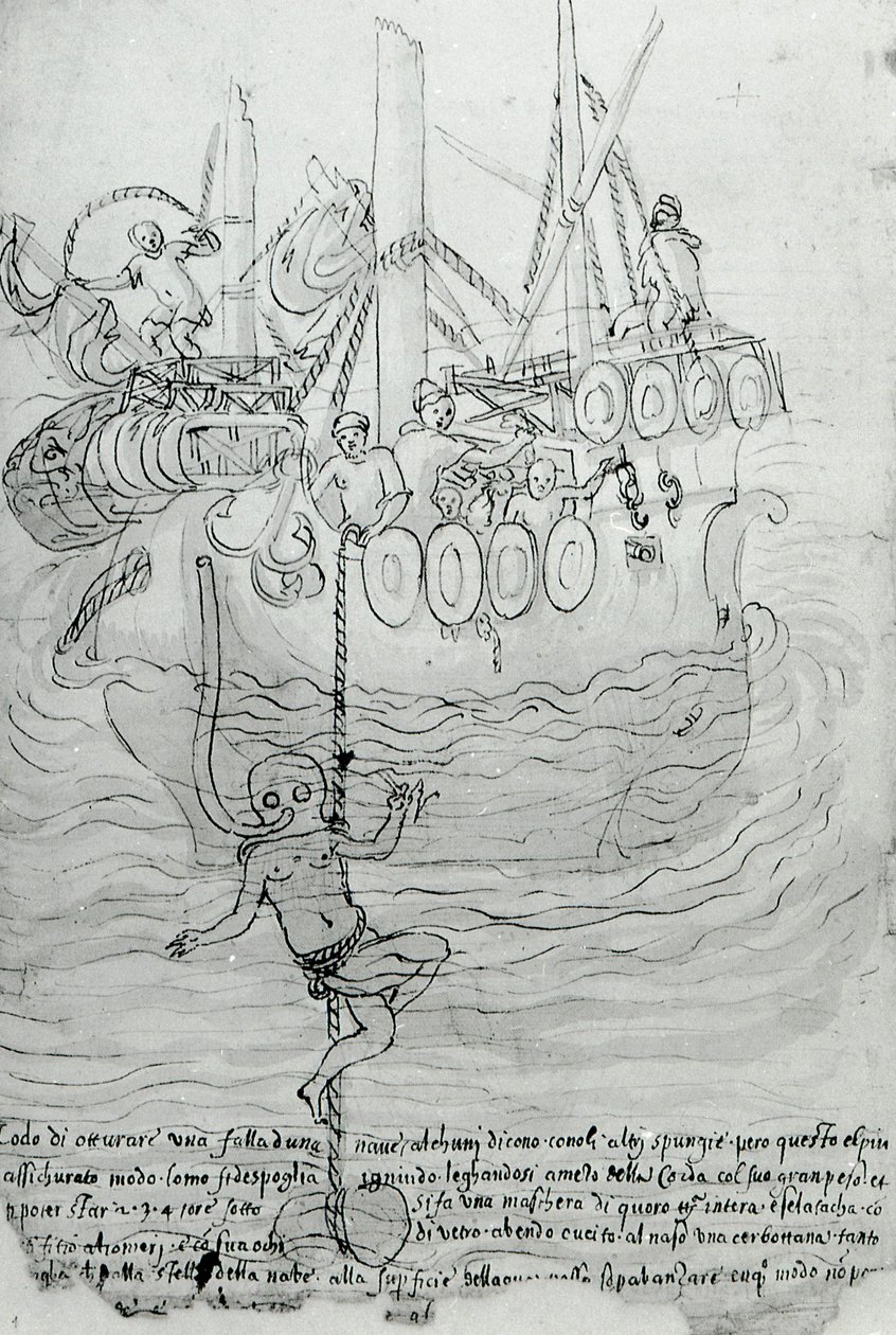 A man tries to repair the hull of a boat with a mask by Unknown artist