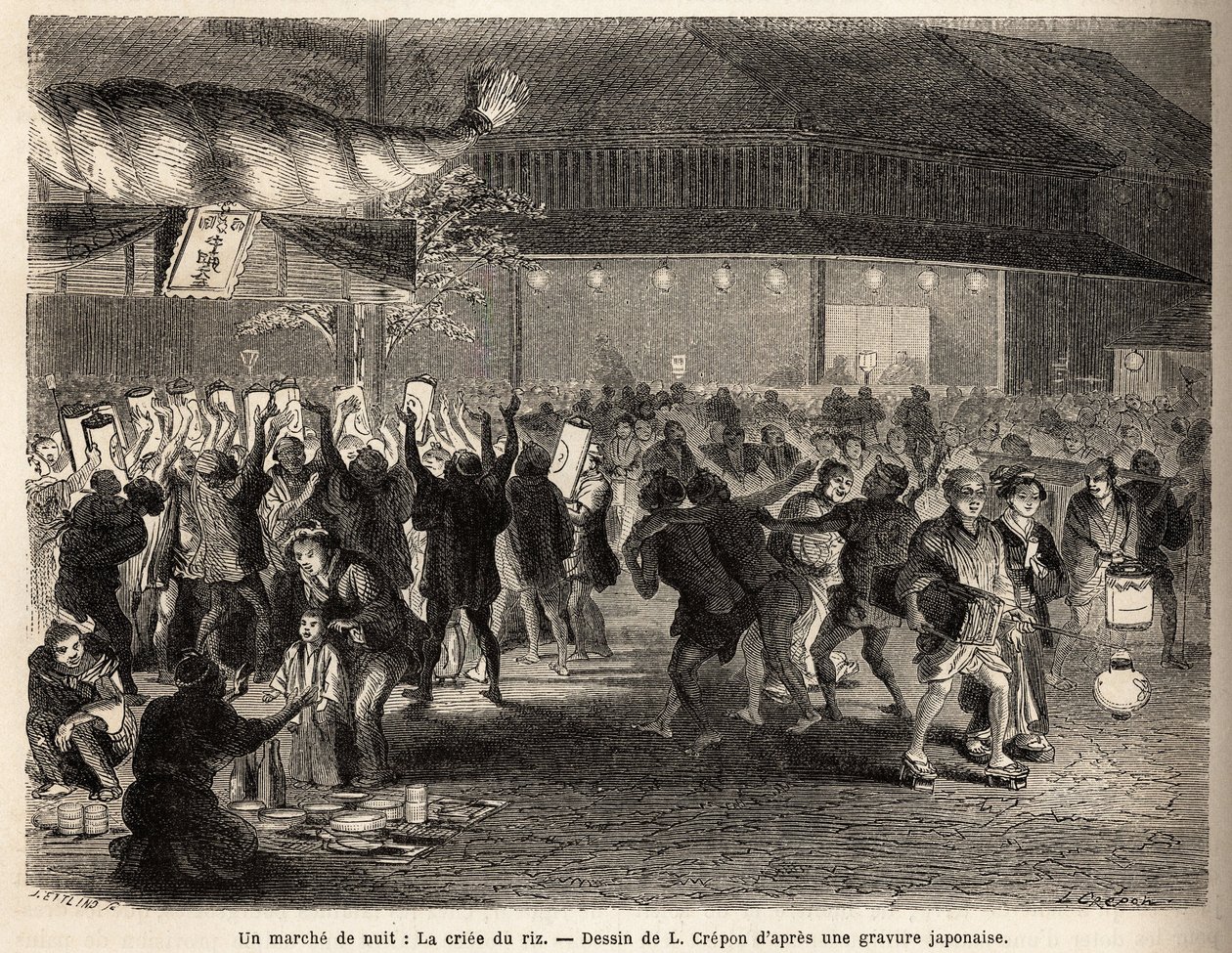 A night walk in Edo (Tokyo), the rice auction, sale to the encheres of a harvest, which creates a tumultuous gathering in front of a building surmounted by a huge torch of braided straw, with a sign with gold letters and the coat of arms of the collector by Unknown artist
