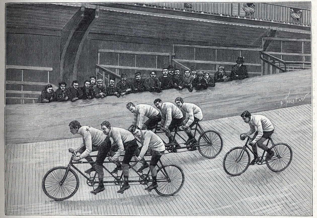 A Recordman Cyclist with His Trainers on Triplet Trains on a Bike Track. Engraving in 
