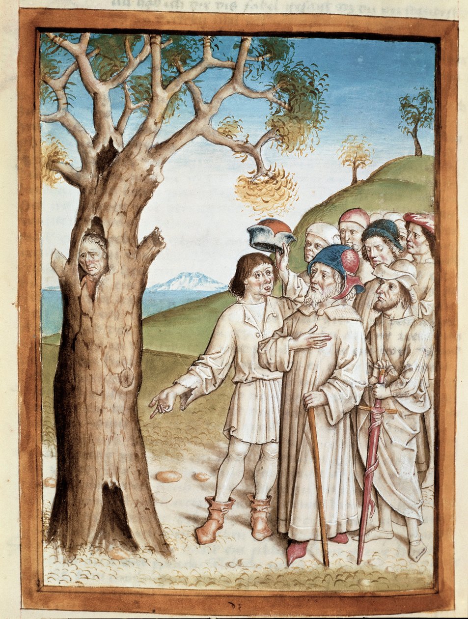 A man hides in a tree trunk from a German translation of the fables of Bidpai