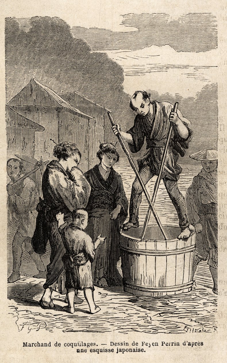 A Shell Merchant in the Middle of the Street Rises in Balance on the Barrel Containing His Goods, Which He Tows with Two Long Chopsticks. Engraving to Illustrate the Voyage to Japan, in 1863-1864, by Aime Humbert, Minister of the Swiss Confederation, in Le by Unknown artist