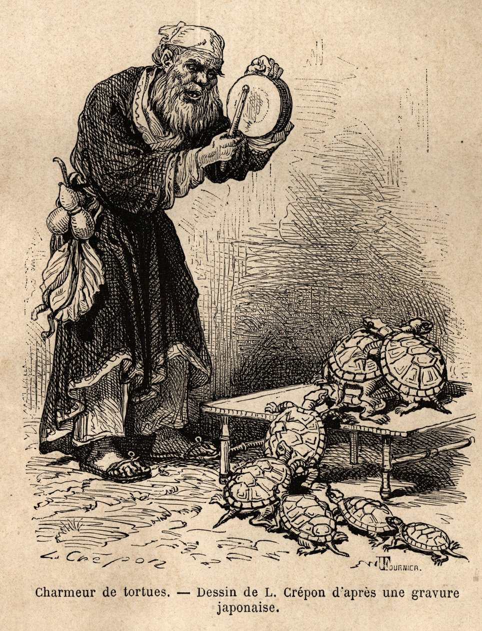 A turtle charmer, engraving illustrating a journey to Japan by Aime Humbert, published in 