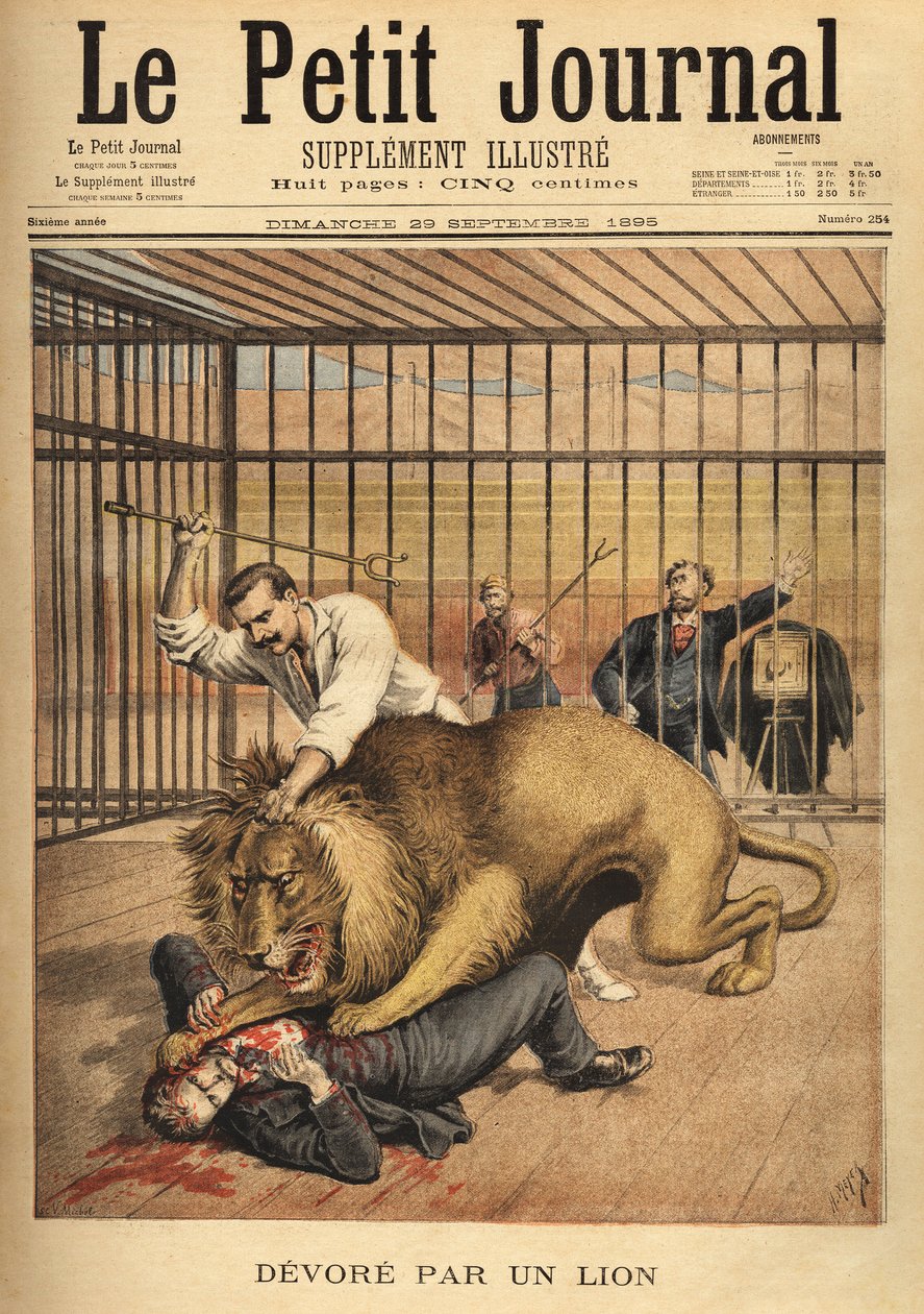 A young man devoured by a lion despite the tamer's efforts. Engraving ...