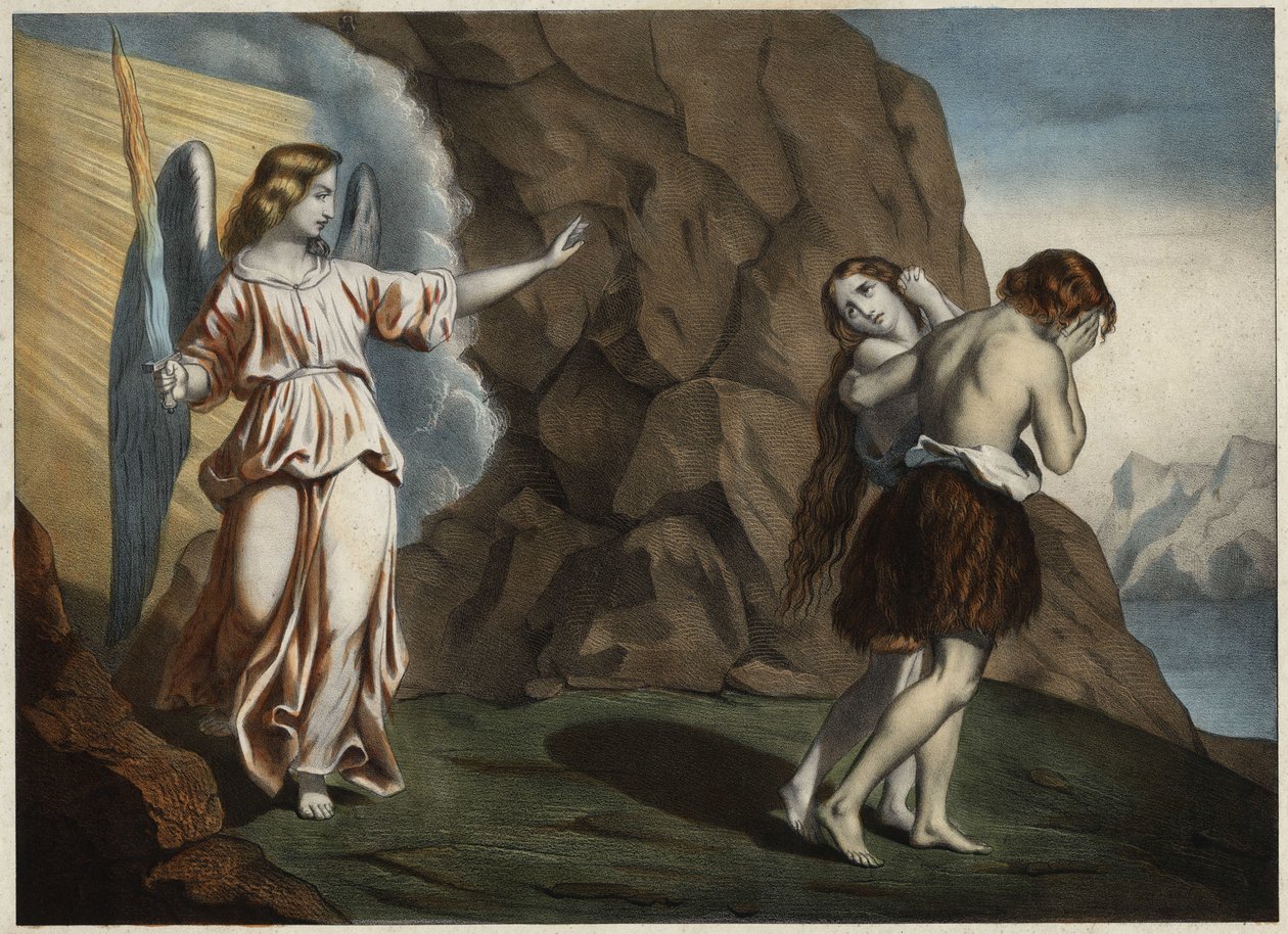 Adam and Eve chased from Paradise. Anonymous engraving from the middle ...