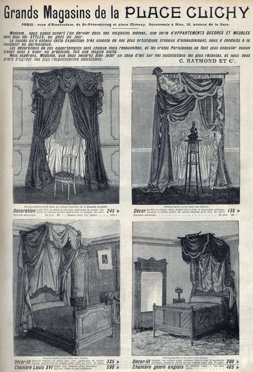 Advertising for furniture and decorations of the department stores of the Place de Clichy in Paris. Engraving in Le sun-du-dimanche by Unknown artist