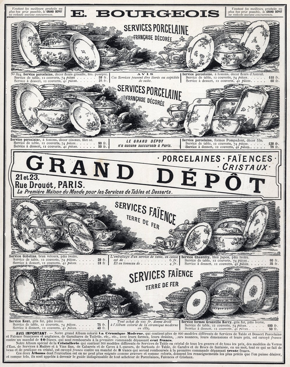 Advertising of 1889 for La Ceramic Moderne by Le Grand Depot De Porcelaines, Faiences Et Verreries Bourgeois in Paris by Unknown artist