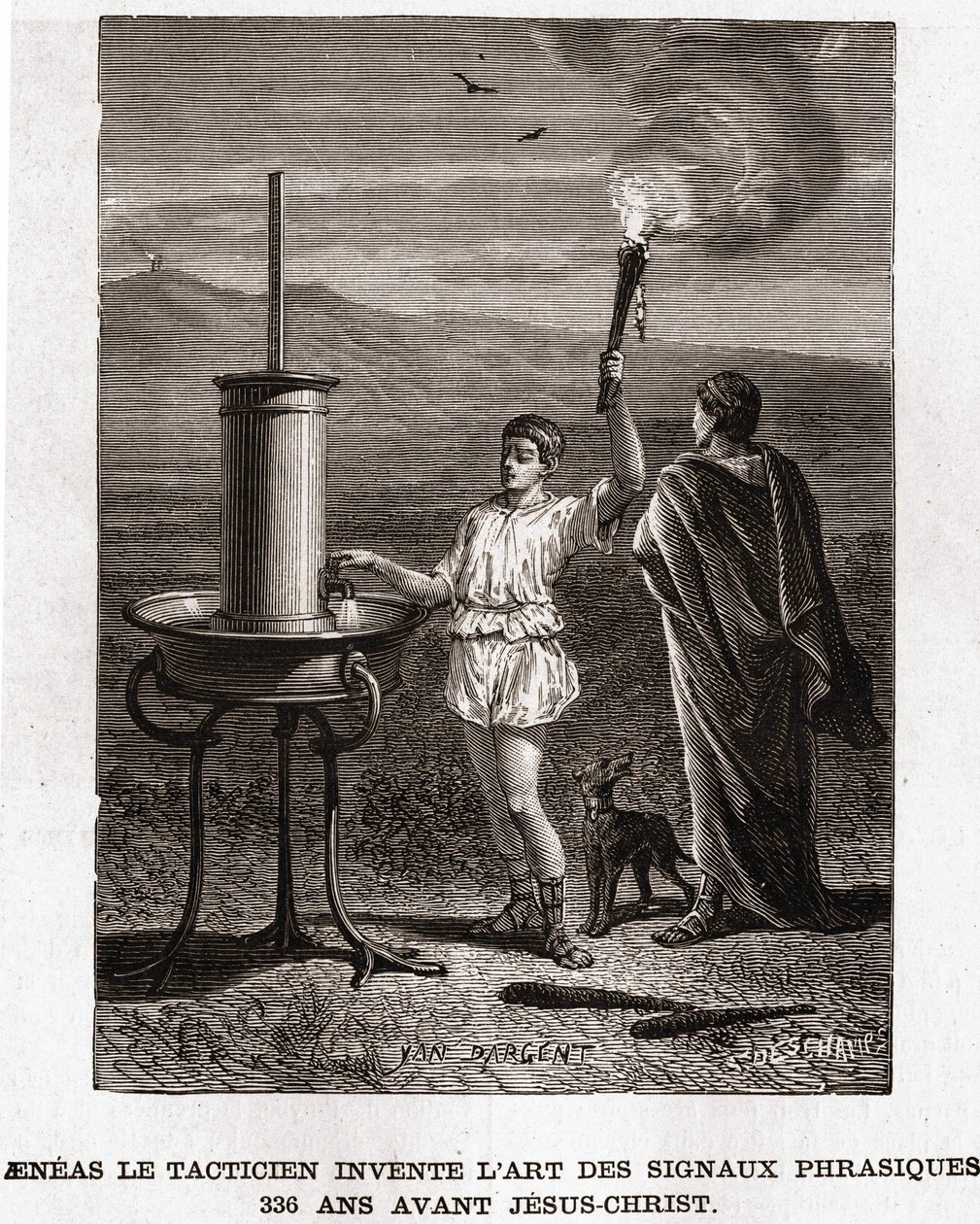 Aeneas the Tactician invents the art of phrasic signals, 366 BC. Engraving 19th century, Bianchetti collection by Unknown artist